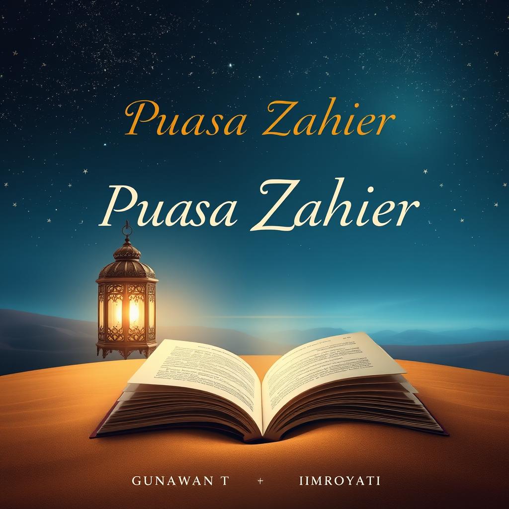 A captivating book cover design for 'Puasa Zahier' by Gunawan T and Imroyati, featuring a serene and mystical scene