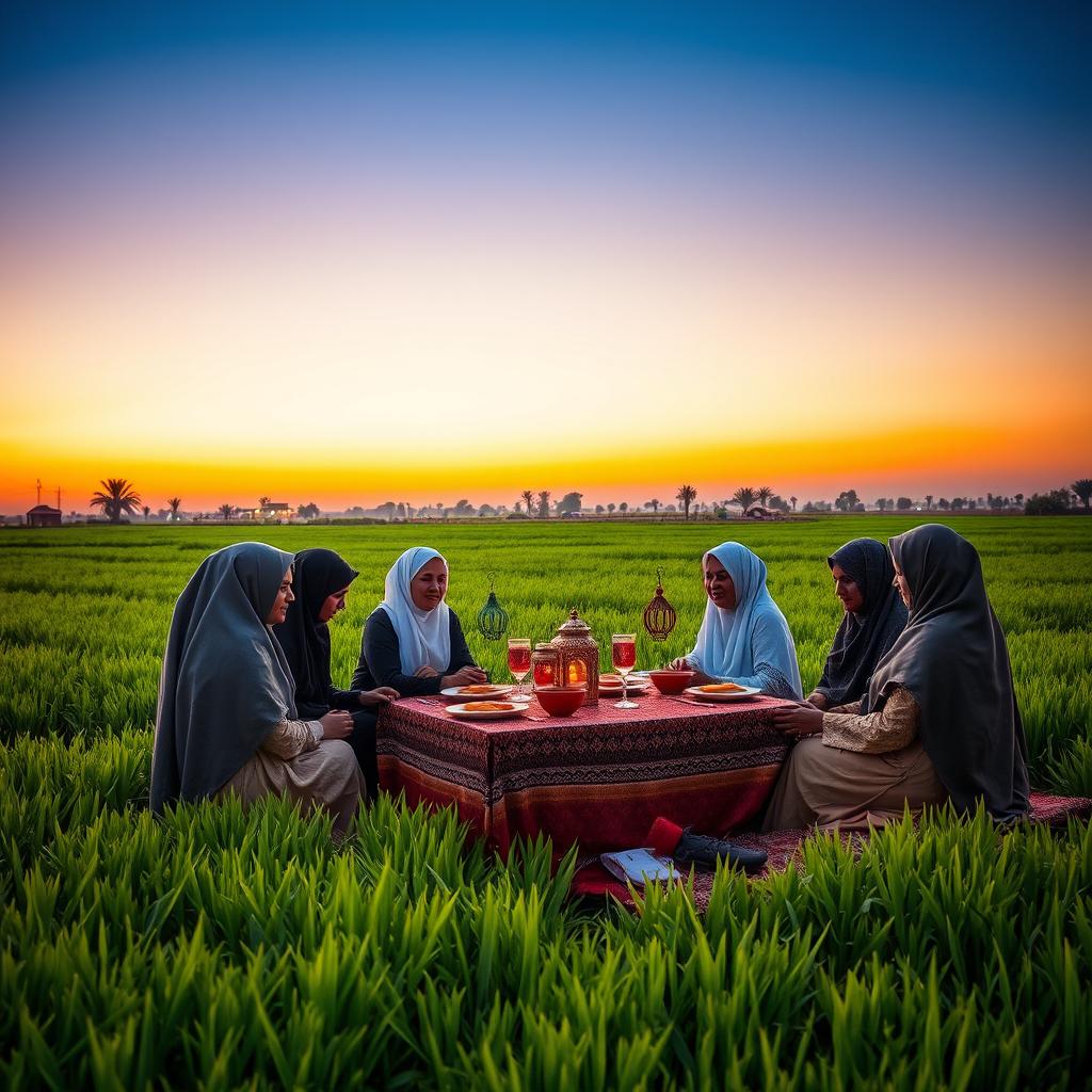 An Egyptian family gathers in an agricultural field in the Egyptian countryside around a table for their Ramadan meal