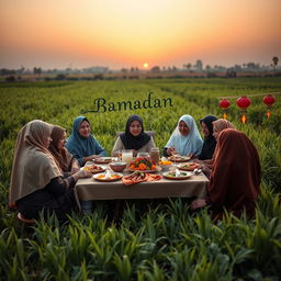 An Egyptian family gathers in an agricultural field in the Egyptian countryside around a table for their Ramadan meal