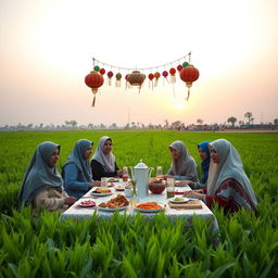 An Egyptian family gathers in an agricultural field in the Egyptian countryside around a table for their Ramadan meal