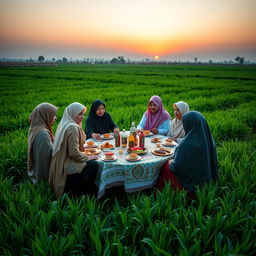 An Egyptian family gathers in an agricultural field in the Egyptian countryside around a table for their Ramadan meal