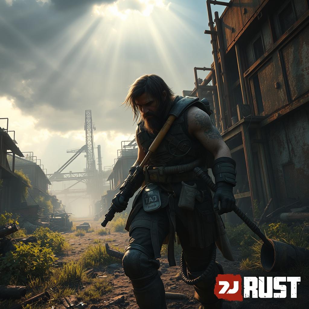 A dynamic and action-packed scene from the video game Rust, showcasing a rugged survivor in the post-apocalyptic world