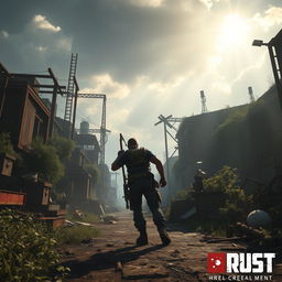 A dynamic and action-packed scene from the video game Rust, showcasing a rugged survivor in the post-apocalyptic world