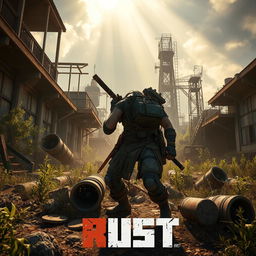 A dynamic and action-packed scene from the video game Rust, showcasing a rugged survivor in the post-apocalyptic world