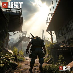 A dynamic and action-packed scene from the video game Rust, showcasing a rugged survivor in the post-apocalyptic world