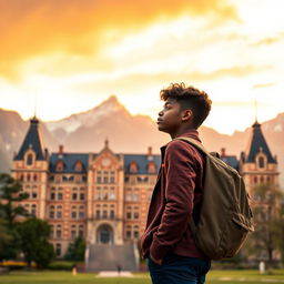 A grand old school building set against a stunning mountain backdrop under an orange sky, capturing the essence of an idyllic educational setting