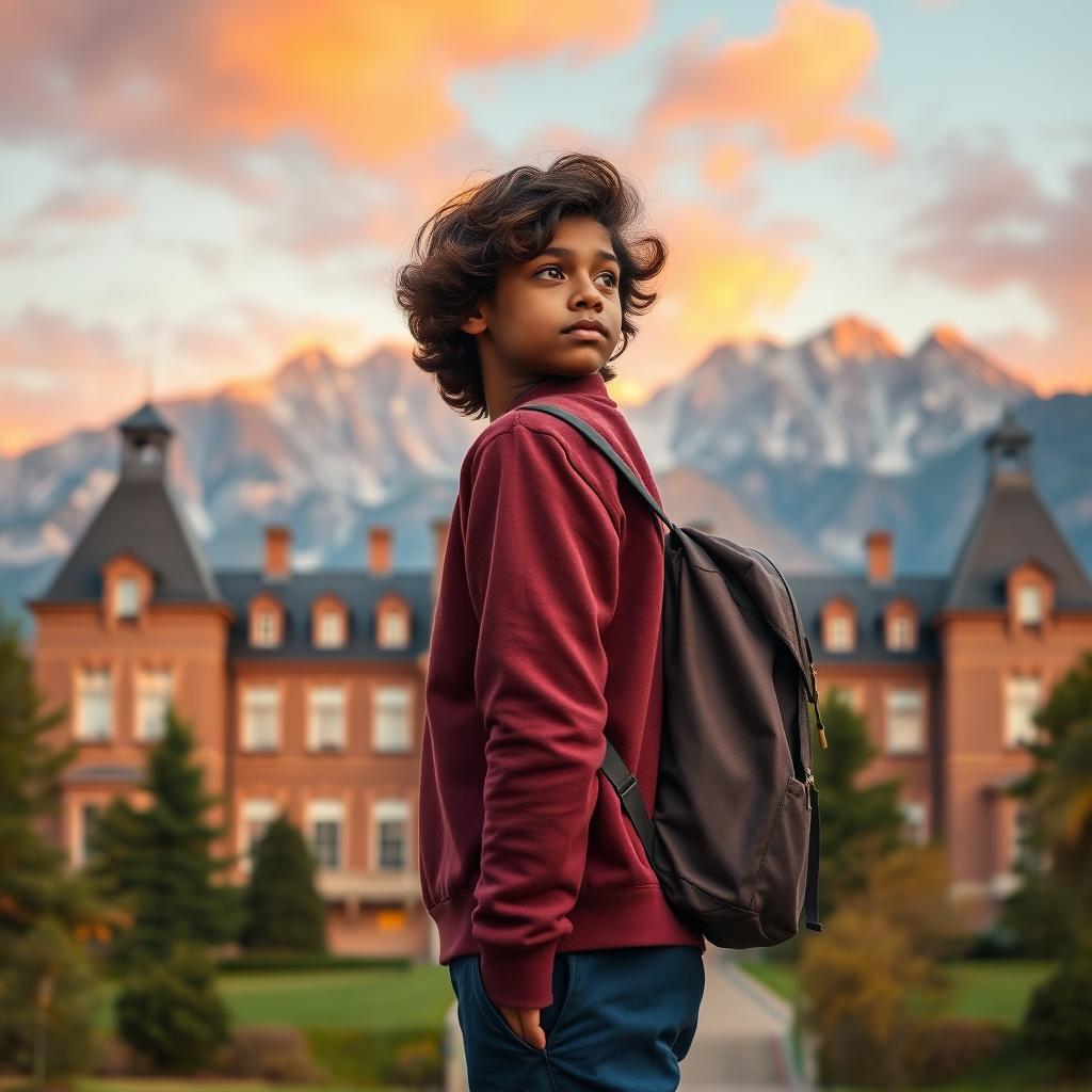 A grand old school building set against a stunning mountain backdrop under an orange sky, capturing the essence of an idyllic educational setting