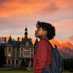 A grand old school building set against a stunning mountain backdrop under an orange sky, capturing the essence of an idyllic educational setting