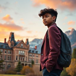 A grand old school building set against a stunning mountain backdrop under an orange sky, capturing the essence of an idyllic educational setting