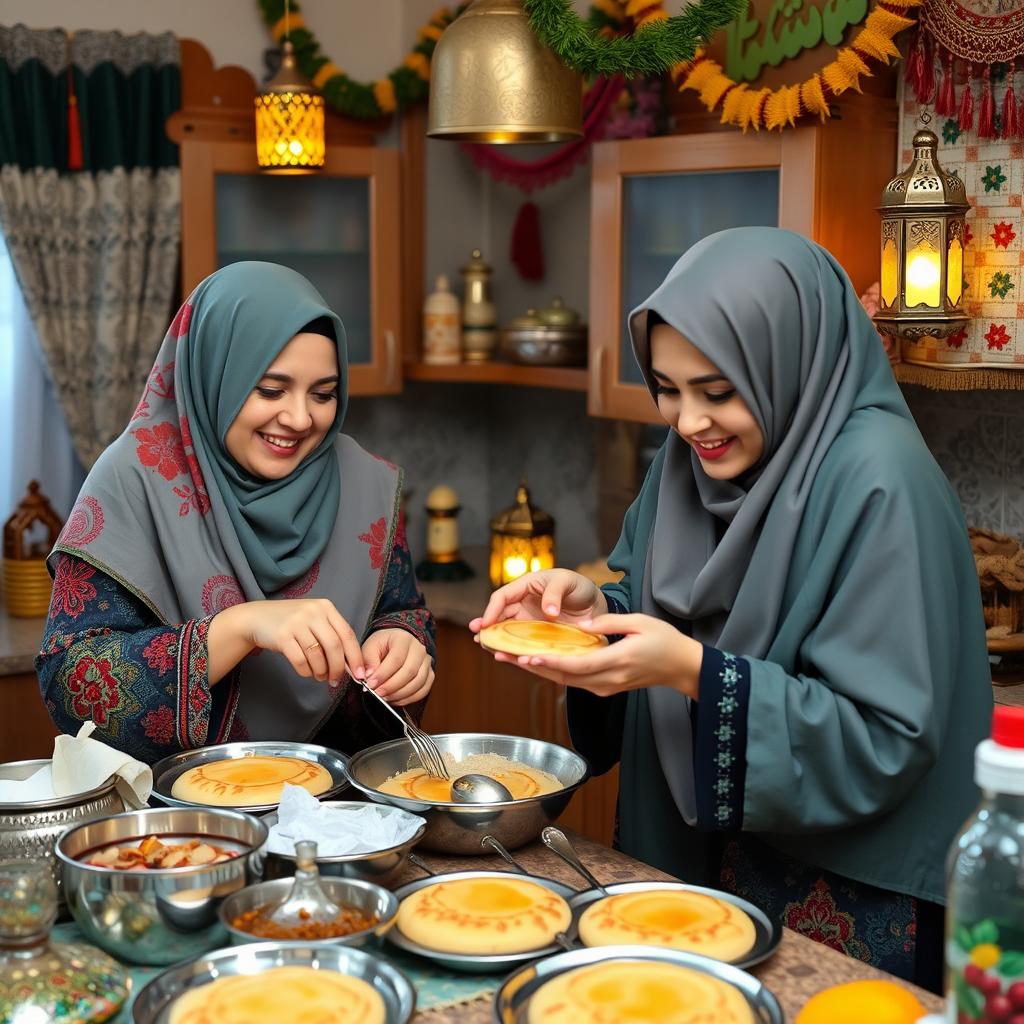 Two women wearing beautiful, colorful hijabs are joyfully making Qatayef and Kunafa in a cozy kitchen decorated for Ramadan