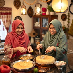 Two women wearing beautiful, colorful hijabs are joyfully making Qatayef and Kunafa in a cozy kitchen decorated for Ramadan