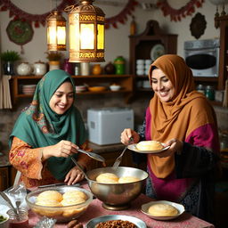 Two women wearing beautiful, colorful hijabs are joyfully making Qatayef and Kunafa in a cozy kitchen decorated for Ramadan