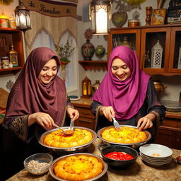 Two women wearing beautiful, colorful hijabs are joyfully making Qatayef and Kunafa in a cozy kitchen decorated for Ramadan