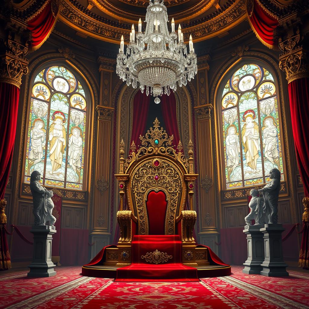 A majestic royal throne room designed for a fantasy novel cover, showcasing an elaborate and grandiose setting