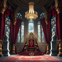 A majestic royal throne room designed for a fantasy novel cover, showcasing an elaborate and grandiose setting