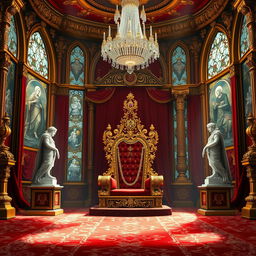 A majestic royal throne room designed for a fantasy novel cover, showcasing an elaborate and grandiose setting