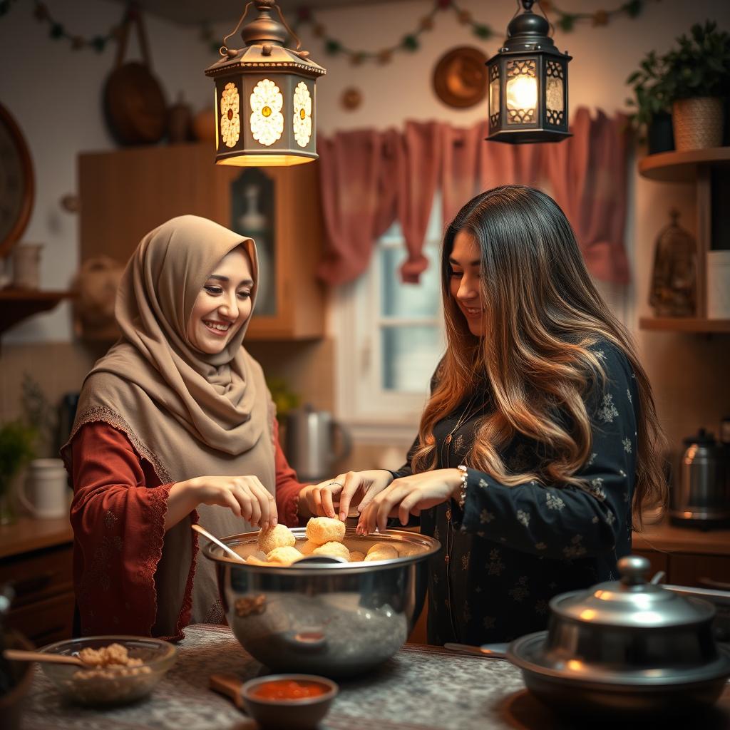 A woman wearing a beautiful hijab and a woman with silky, flowing hair are joyfully making Qatayef in a cozy kitchen adorned with Ramadan decorations