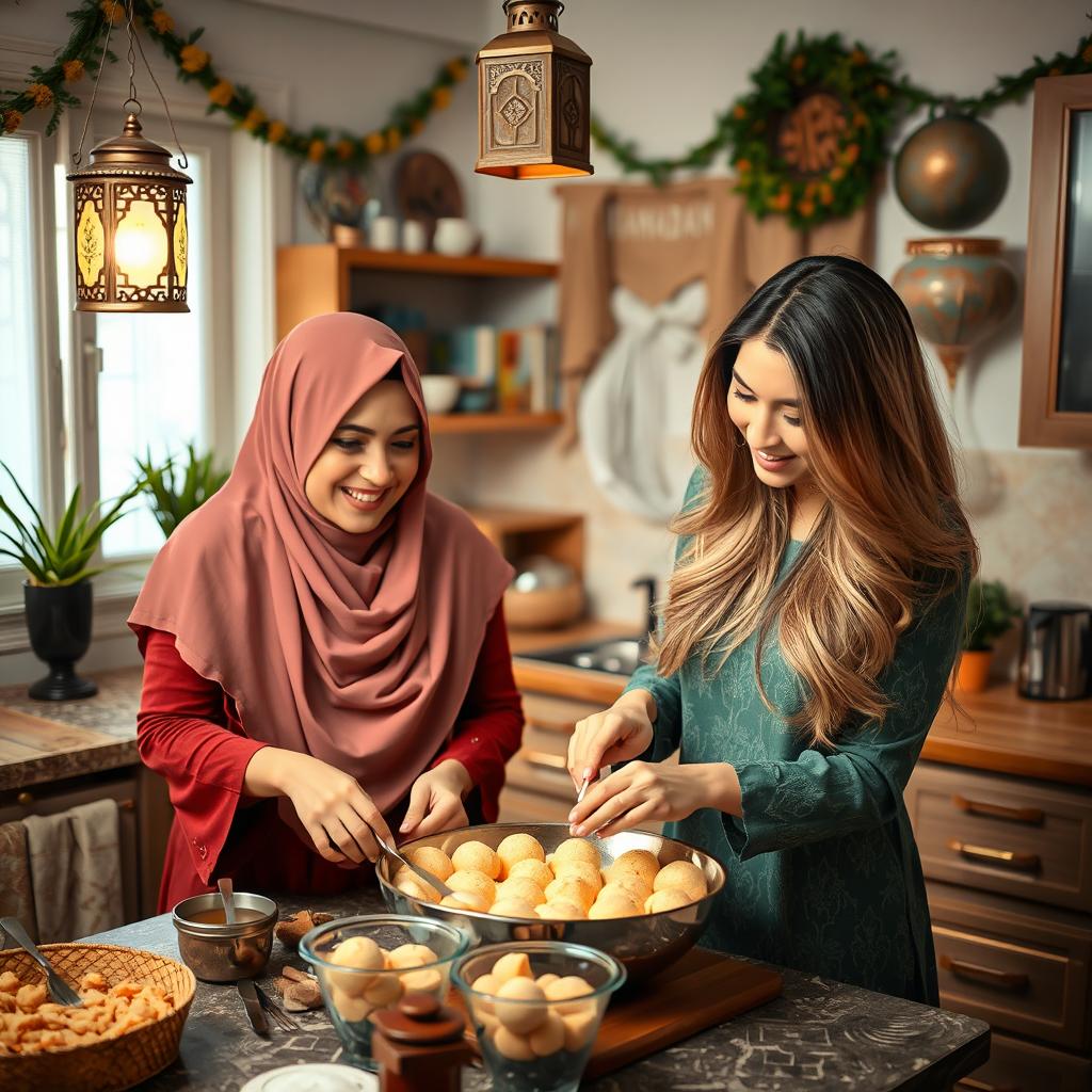 A woman wearing a beautiful hijab and a woman with silky, flowing hair are joyfully making Qatayef in a cozy kitchen adorned with Ramadan decorations