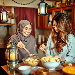 A woman wearing a beautiful hijab and a woman with silky, flowing hair are joyfully making Qatayef in a cozy kitchen adorned with Ramadan decorations