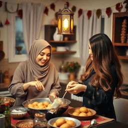 A woman wearing a beautiful hijab and a woman with silky, flowing hair are joyfully making Qatayef in a cozy kitchen adorned with Ramadan decorations