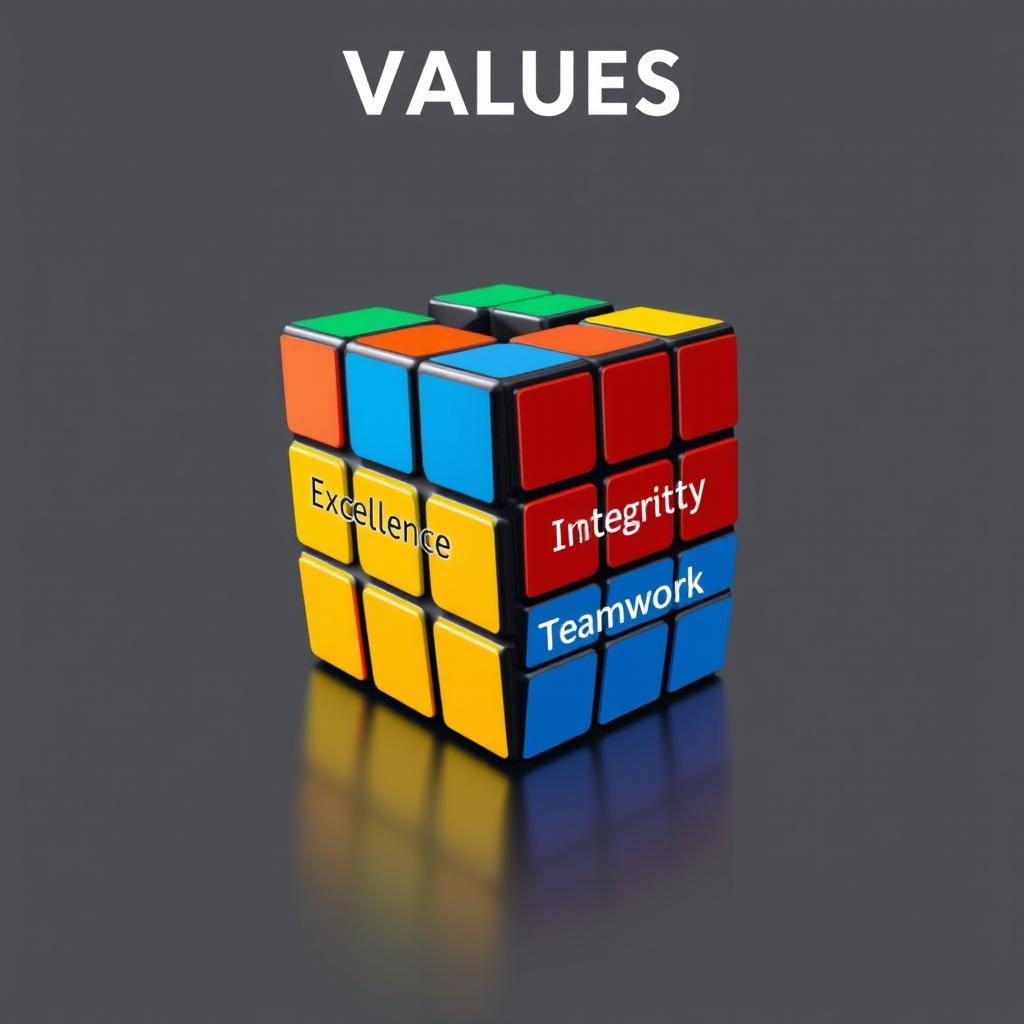 A graphic design featuring a Rubik's Cube representing the values of excellence, discipline, integrity, and teamwork