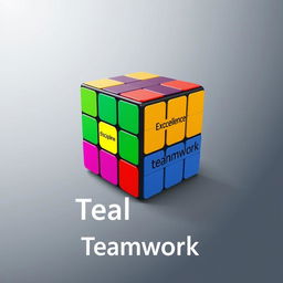 A graphic design featuring a Rubik's Cube representing the values of excellence, discipline, integrity, and teamwork