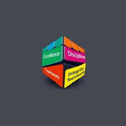 A graphic design featuring a Rubik's Cube representing the values of excellence, discipline, integrity, and teamwork