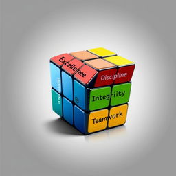 A graphic design featuring a Rubik's Cube representing the values of excellence, discipline, integrity, and teamwork