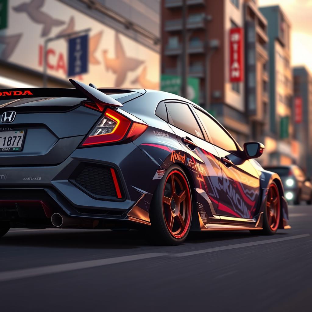 anime style Honda Civic EG6, sleek and dynamic design, showcasing the iconic hatchback shape, vibrant colors, detailed reflections, stylized racing decals, set in a bustling urban street at dusk, capturing energy and motion