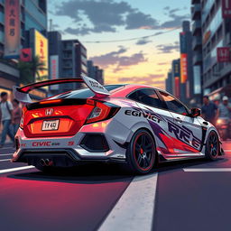 anime style Honda Civic EG6, sleek and dynamic design, showcasing the iconic hatchback shape, vibrant colors, detailed reflections, stylized racing decals, set in a bustling urban street at dusk, capturing energy and motion