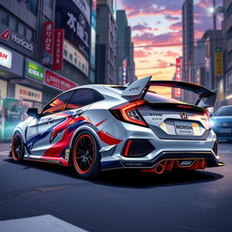 anime style Honda Civic EG6, sleek and dynamic design, showcasing the iconic hatchback shape, vibrant colors, detailed reflections, stylized racing decals, set in a bustling urban street at dusk, capturing energy and motion