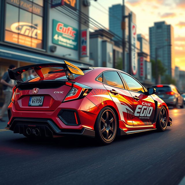 anime style Honda Civic EG6, sleek and dynamic design, showcasing the iconic hatchback shape, vibrant colors, detailed reflections, stylized racing decals, set in a bustling urban street at dusk, capturing energy and motion