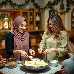 A woman wearing a beautiful hijab and a woman with silky, flowing hair are joyfully making Qatayef in a cozy kitchen adorned with Ramadan decorations