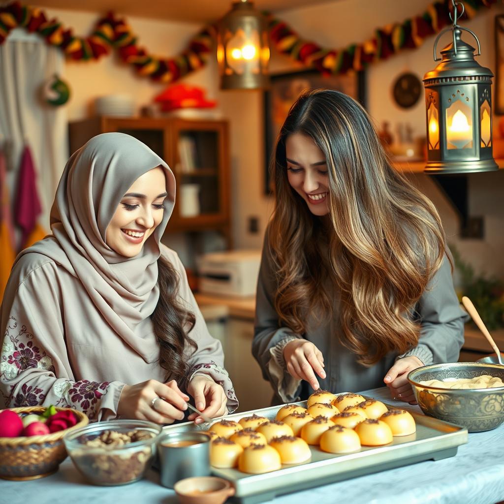 A woman wearing a beautiful hijab and a woman with silky, flowing hair are joyfully making Qatayef in a cozy kitchen adorned with Ramadan decorations