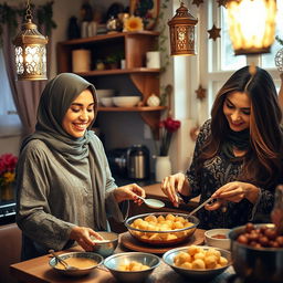 A woman wearing a beautiful hijab and a woman with silky, flowing hair are joyfully making Qatayef in a cozy kitchen adorned with Ramadan decorations