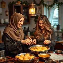 A woman wearing a beautiful hijab and a woman with silky, flowing hair are joyfully making Qatayef in a cozy kitchen adorned with Ramadan decorations