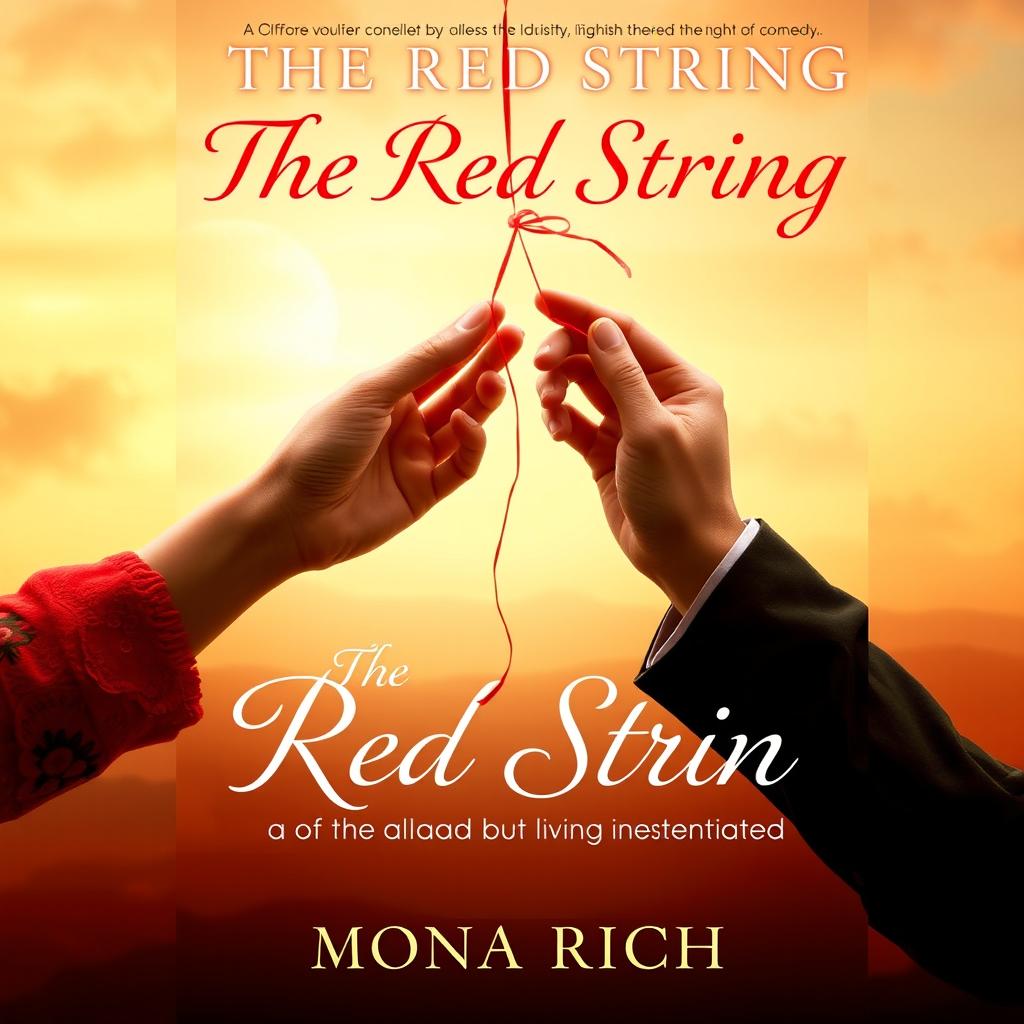 A captivating portrait book cover for 'The Red String', featuring the central theme of the Asian belief in soulmates, symbolized by a delicate red string intertwining two hands gently reaching towards each other