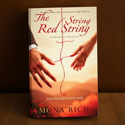 A captivating portrait book cover for 'The Red String', featuring the central theme of the Asian belief in soulmates, symbolized by a delicate red string intertwining two hands gently reaching towards each other