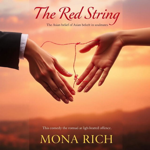 A captivating portrait book cover for 'The Red String', featuring the central theme of the Asian belief in soulmates, symbolized by a delicate red string intertwining two hands gently reaching towards each other