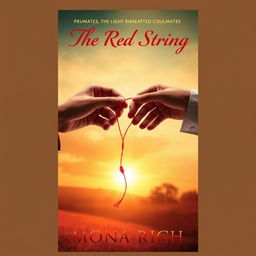 A captivating portrait book cover for 'The Red String', featuring the central theme of the Asian belief in soulmates, symbolized by a delicate red string intertwining two hands gently reaching towards each other