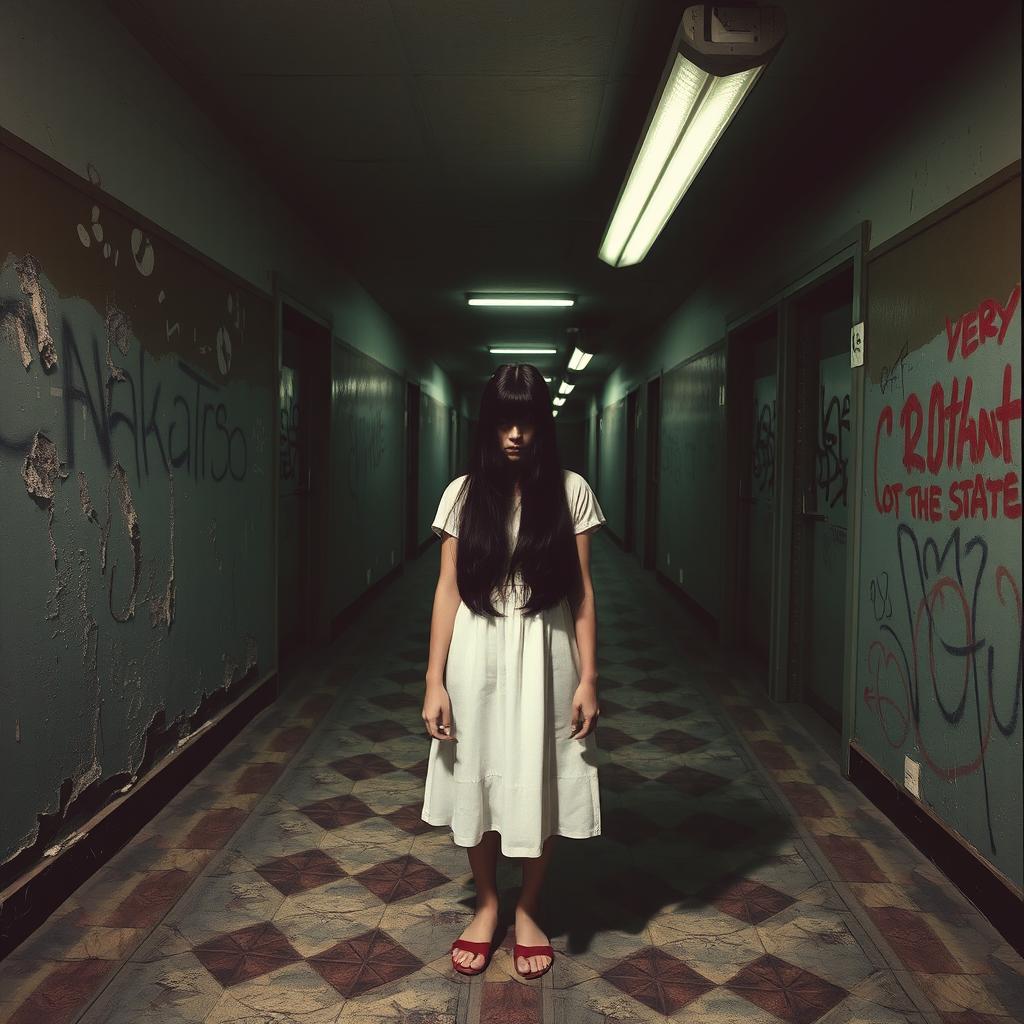 Sadako Yamamura standing in a creepy, dimly lit hallway with peeling paint and graffiti-covered walls