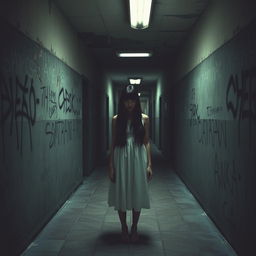 Sadako Yamamura standing in a creepy, dimly lit hallway with peeling paint and graffiti-covered walls