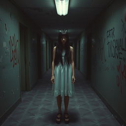 Sadako Yamamura standing in a creepy, dimly lit hallway with peeling paint and graffiti-covered walls