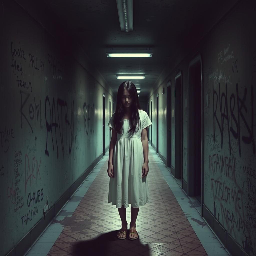 Sadako Yamamura standing in a creepy, dimly lit hallway with peeling paint and graffiti-covered walls