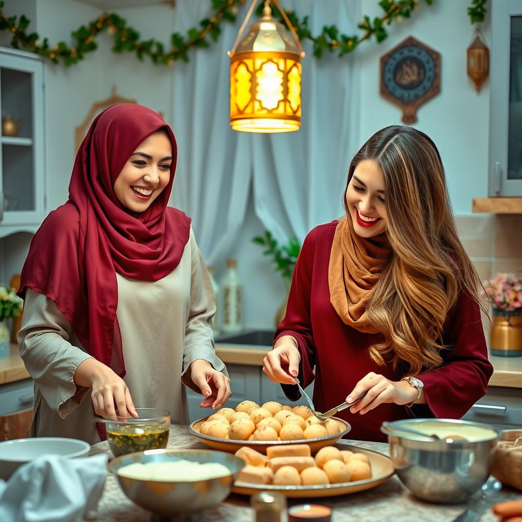 A tall woman wearing a beautiful hijab and a woman with silky, flowing hair are joyfully making Qatayef in a cozy kitchen adorned with Ramadan decorations