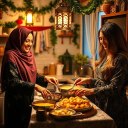 A tall woman wearing a beautiful hijab and a woman with silky, flowing hair are joyfully making Qatayef in a cozy kitchen adorned with Ramadan decorations