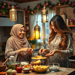 A tall woman wearing a beautiful hijab and a woman with silky, flowing hair are joyfully making Qatayef in a cozy kitchen adorned with Ramadan decorations