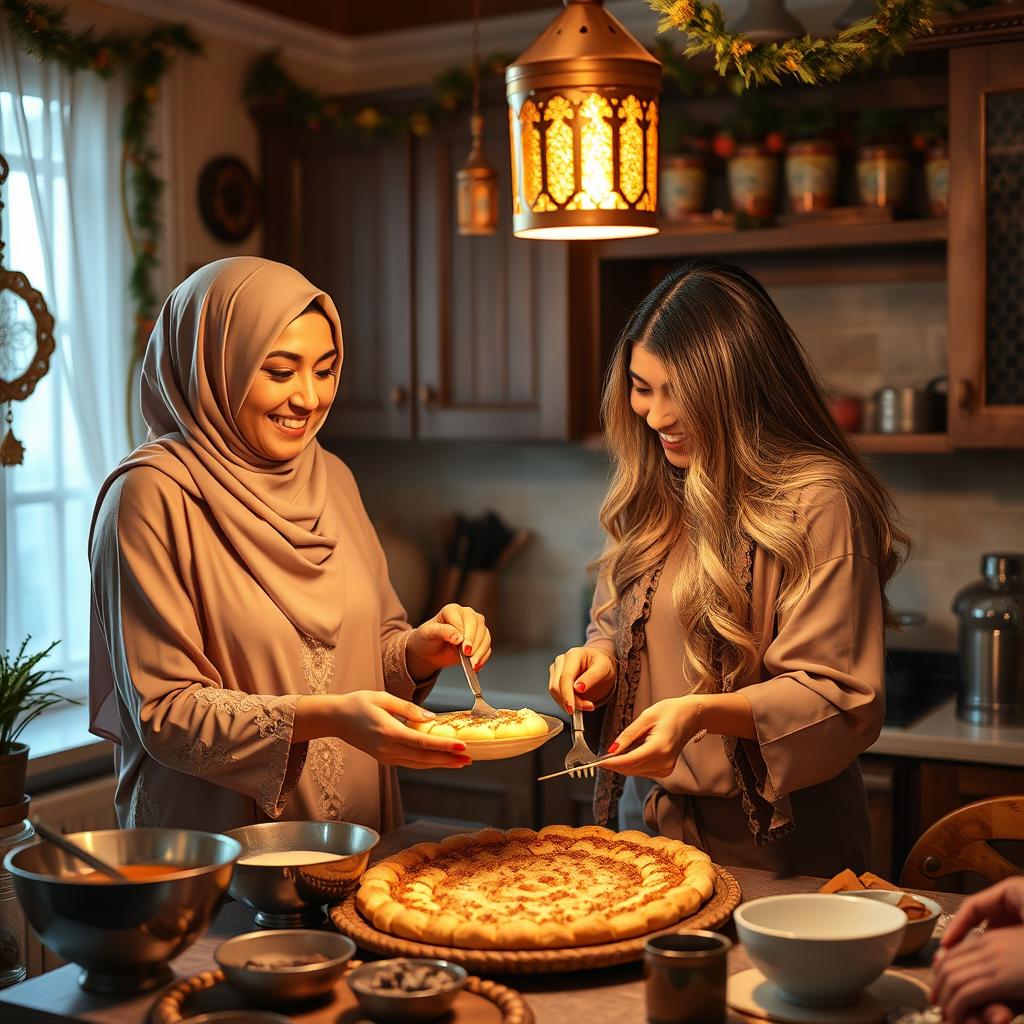 A tall woman wearing a beautiful hijab and a woman with silky, flowing hair are joyfully making Qatayef in a cozy kitchen adorned with Ramadan decorations