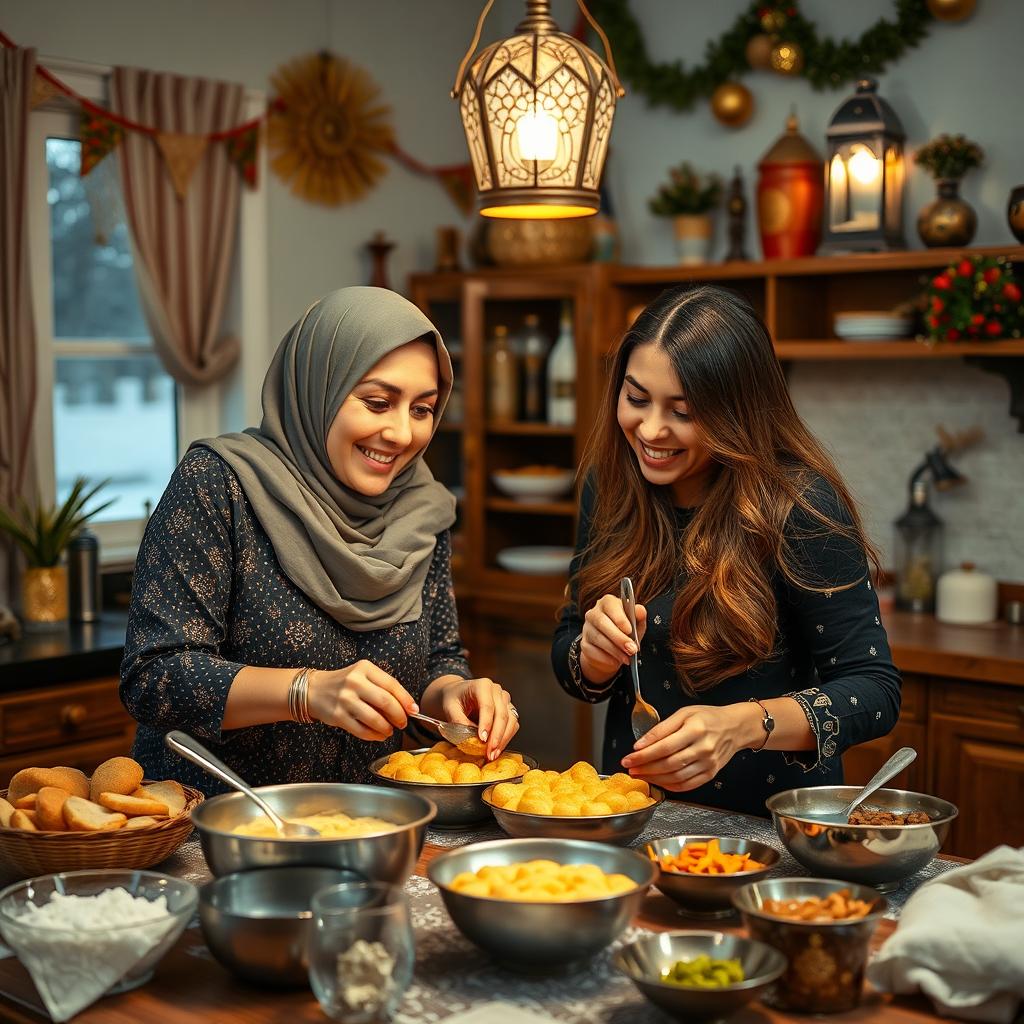 A tall woman wearing a beautiful hijab and a woman with silky, flowing hair are joyfully making Qatayef in a cozy kitchen