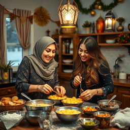 A tall woman wearing a beautiful hijab and a woman with silky, flowing hair are joyfully making Qatayef in a cozy kitchen